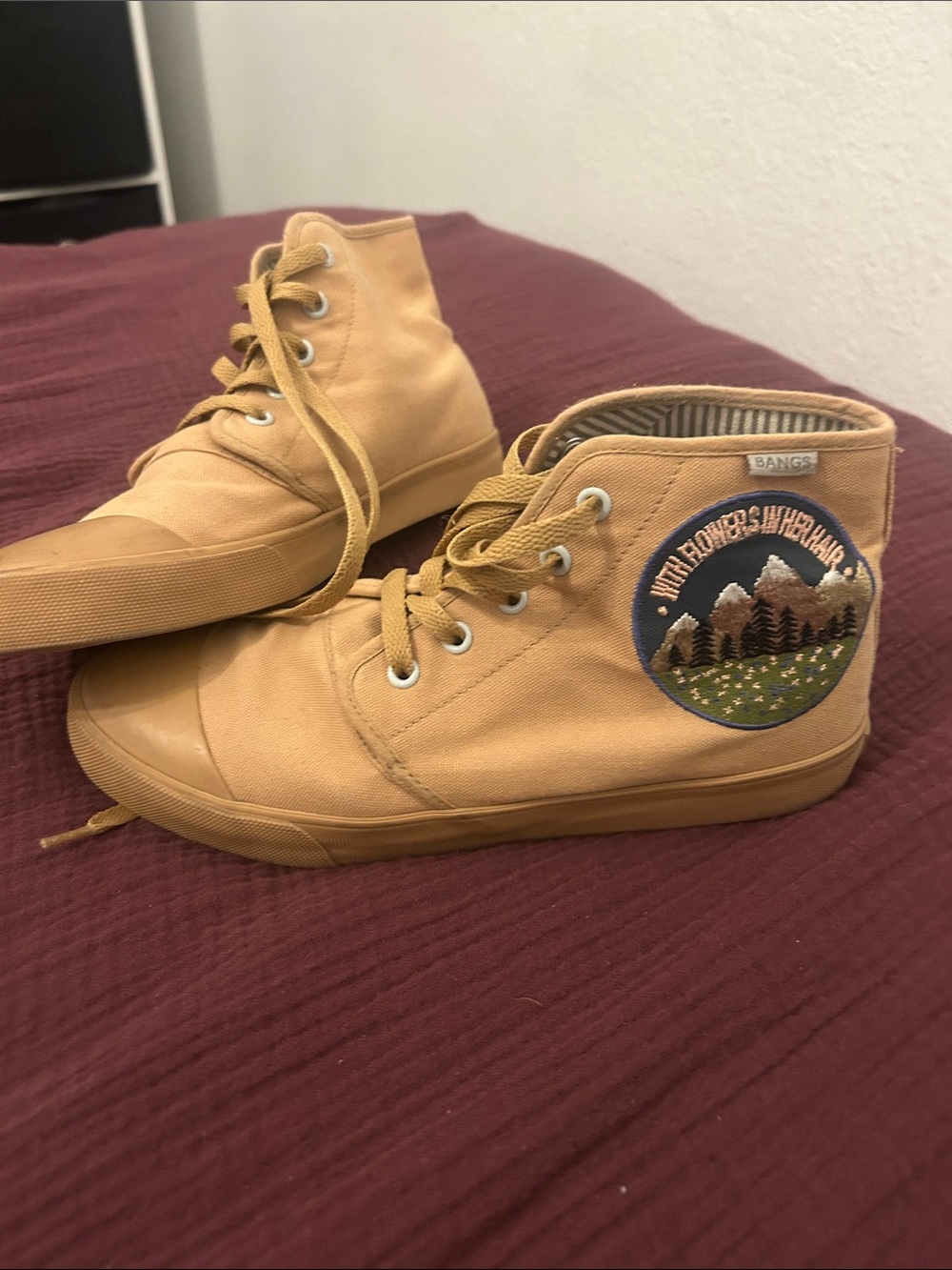 Women’s Tan High-Top Canvas Sneakers with Mountain Patch